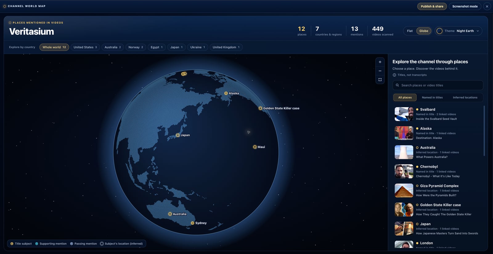Veritasium 的 Channel World Map 球體檢視，在深藍地球上標示影片相關地點，旁邊列出地點與影片。
